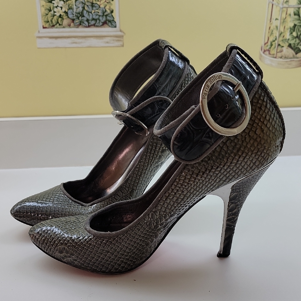 Gray Textured Stiletto Heels with Ankle Strap